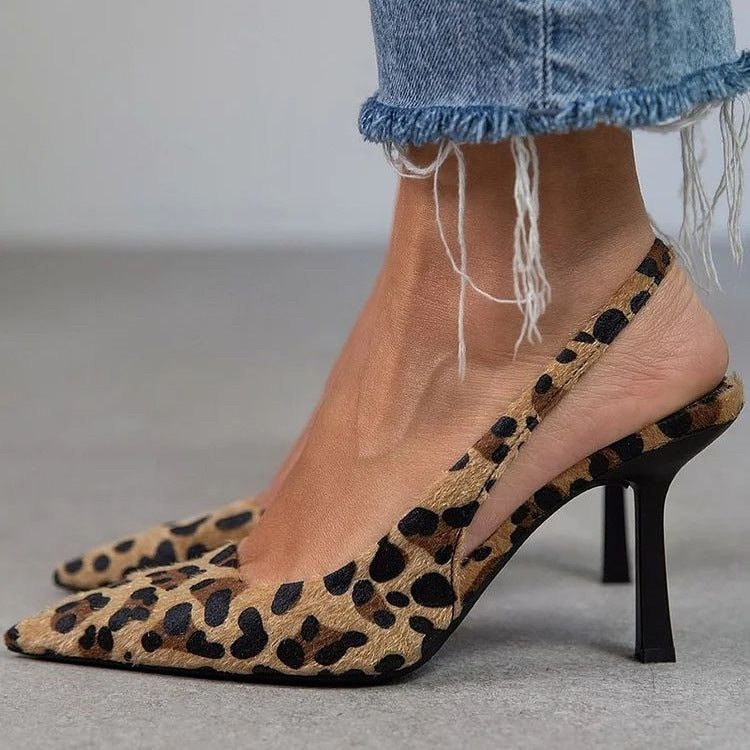 Leopard Print Pointed-Toe Slingback Heels