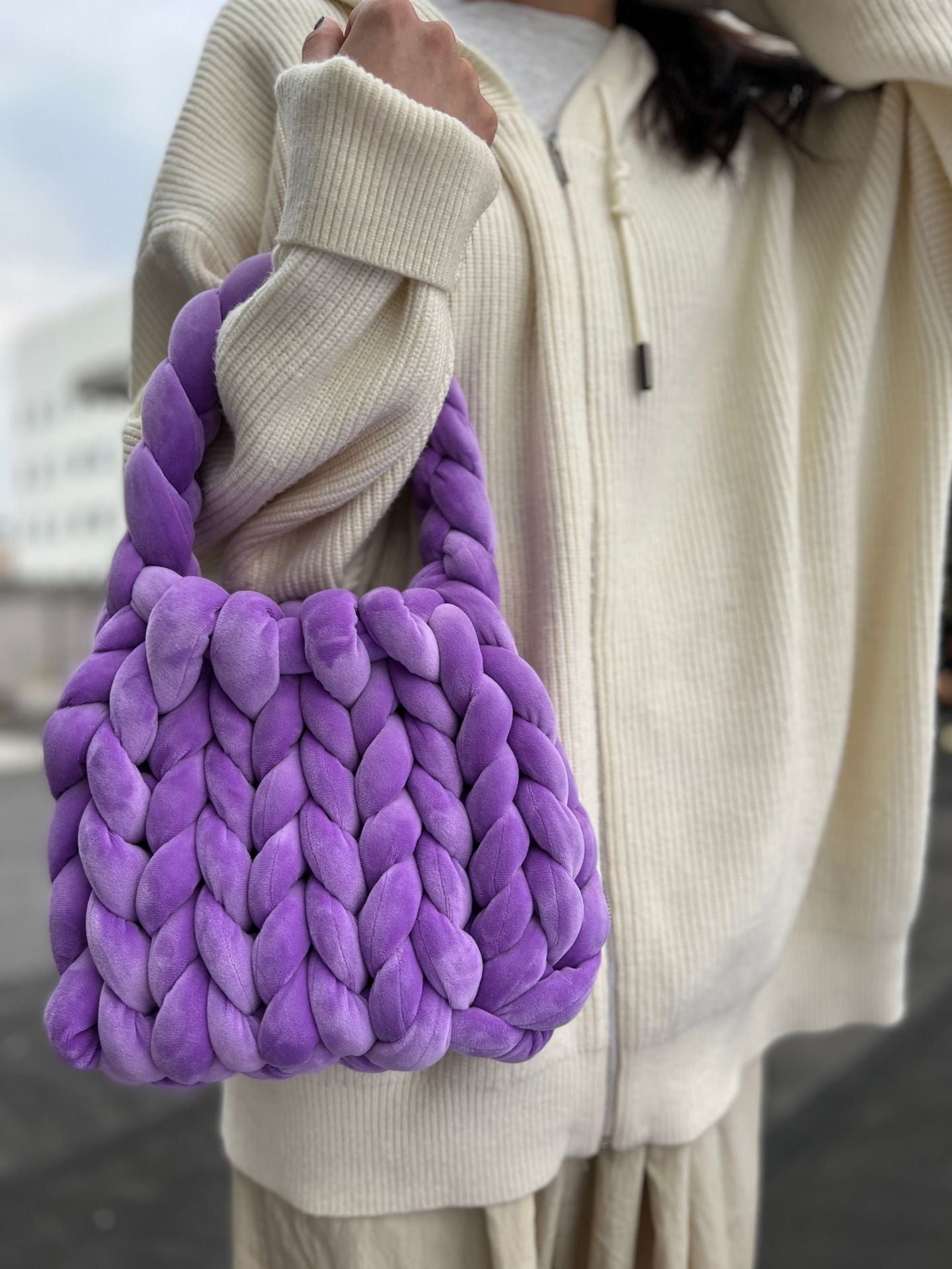 Handmade Chunky Knit Velvet Handbag Bag