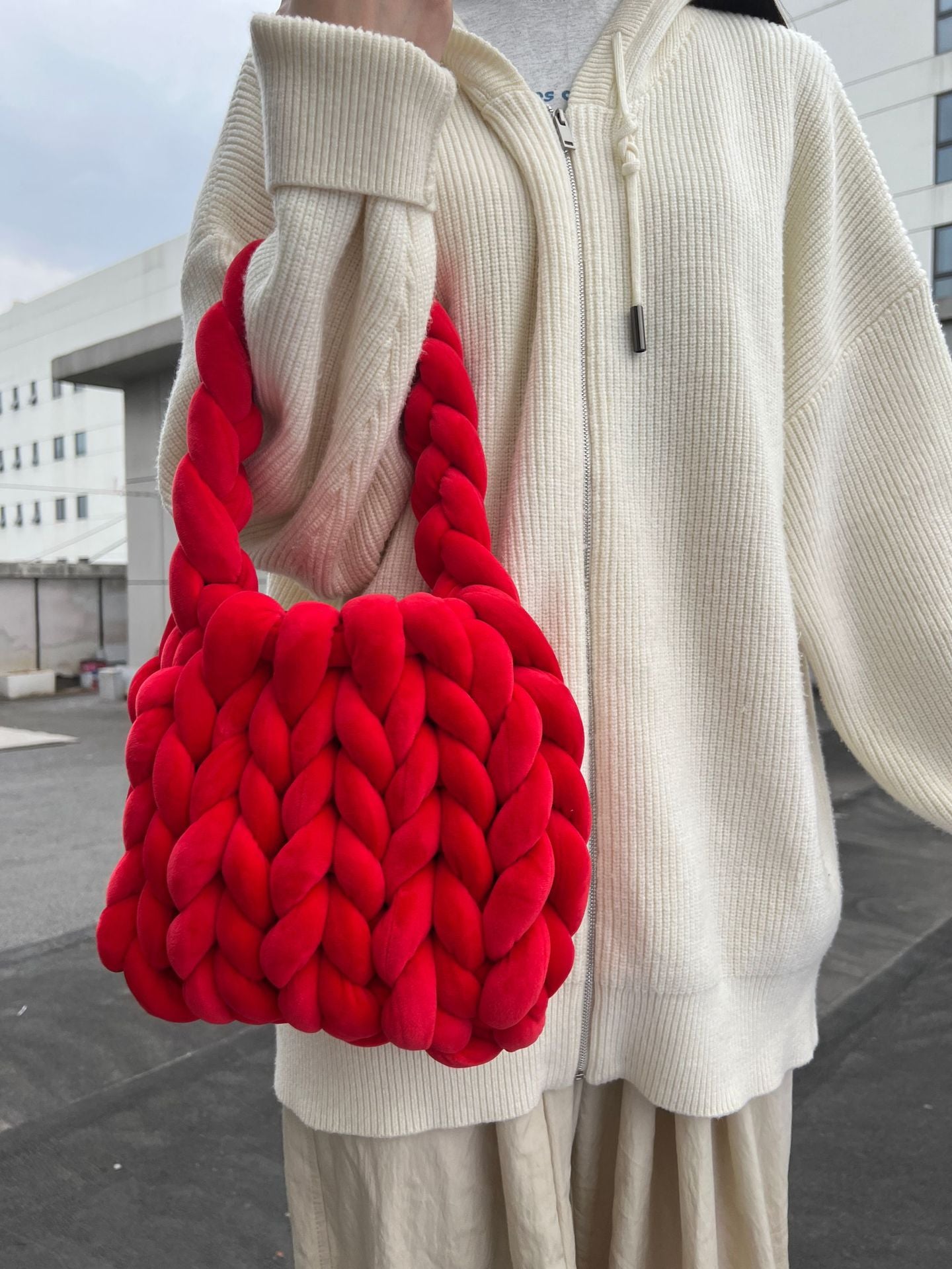 Handmade Chunky Knit Velvet Handbag Bag