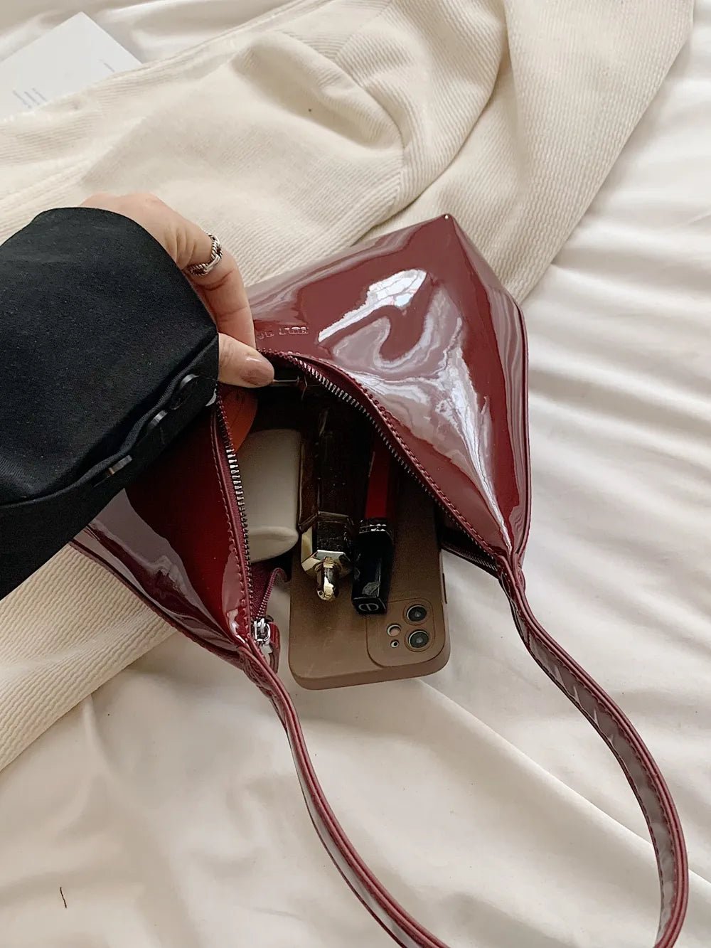 Glossy Moon-Shaped Shoulder Bag