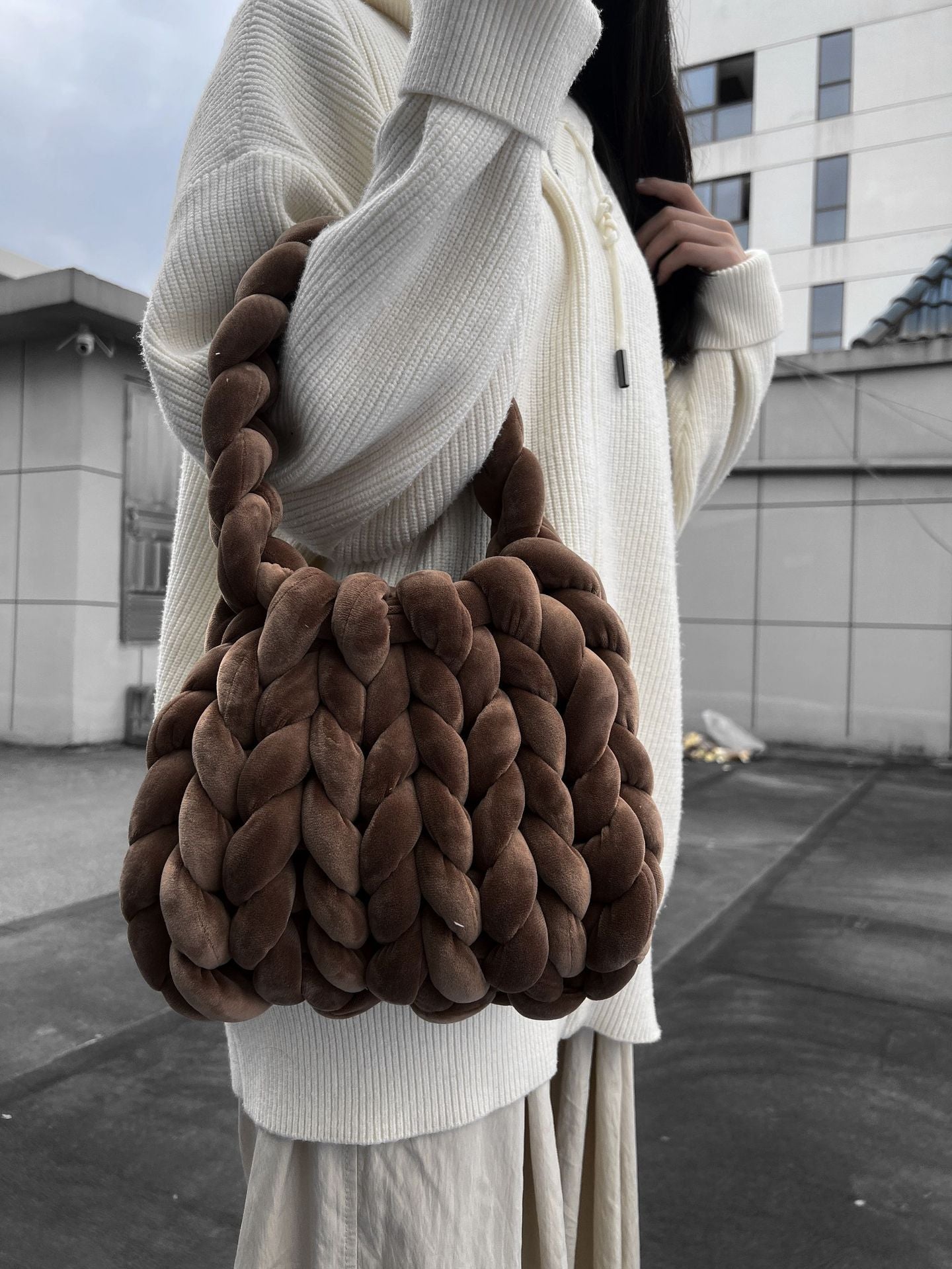 Handmade Chunky Knit Velvet Handbag Bag