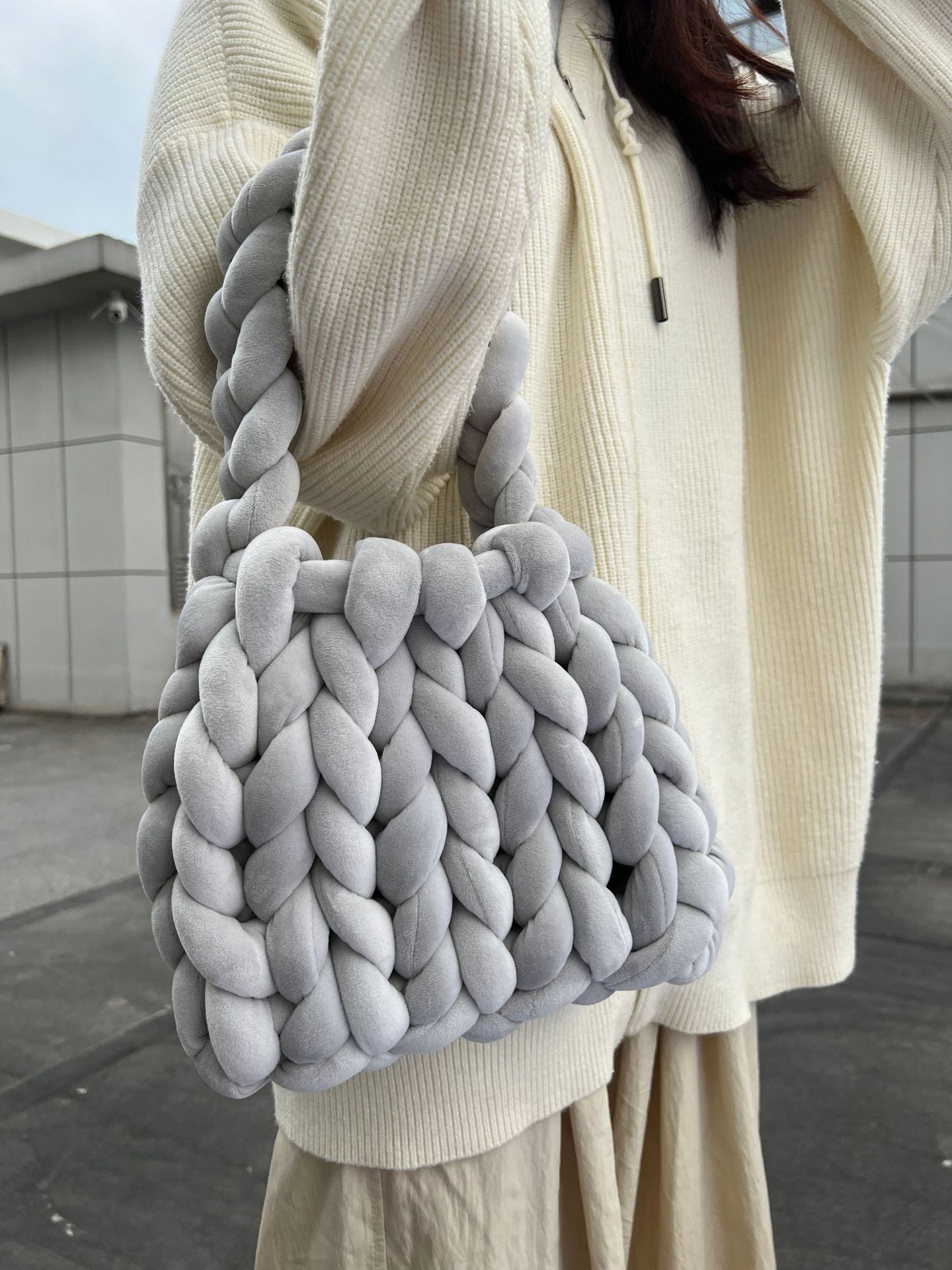 Handmade Chunky Knit Velvet Handbag Bag