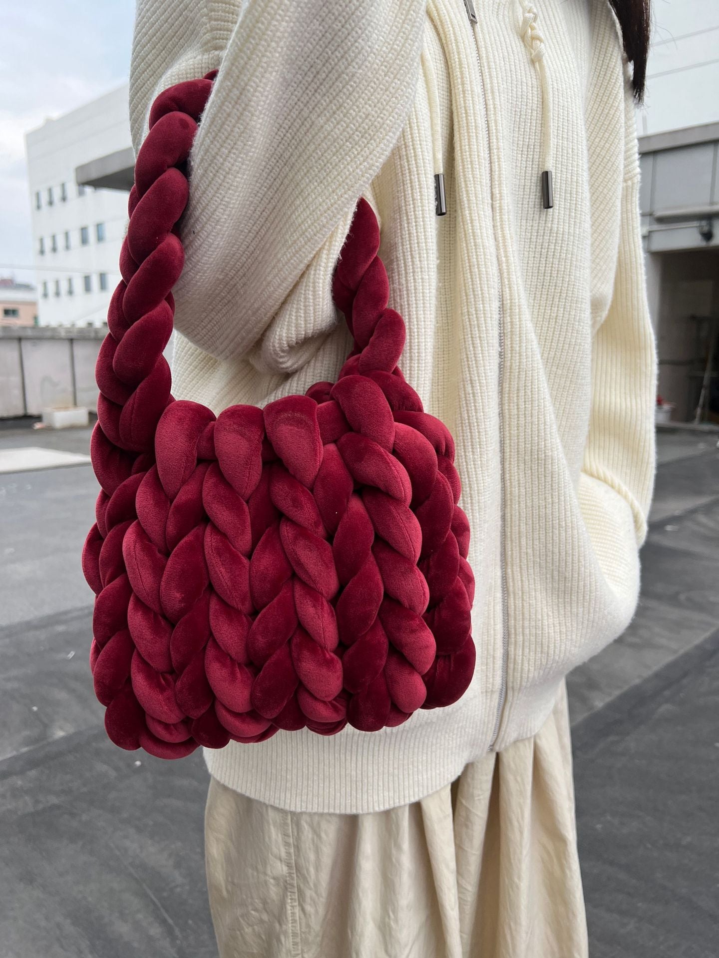 Handmade Chunky Knit Velvet Handbag Bag