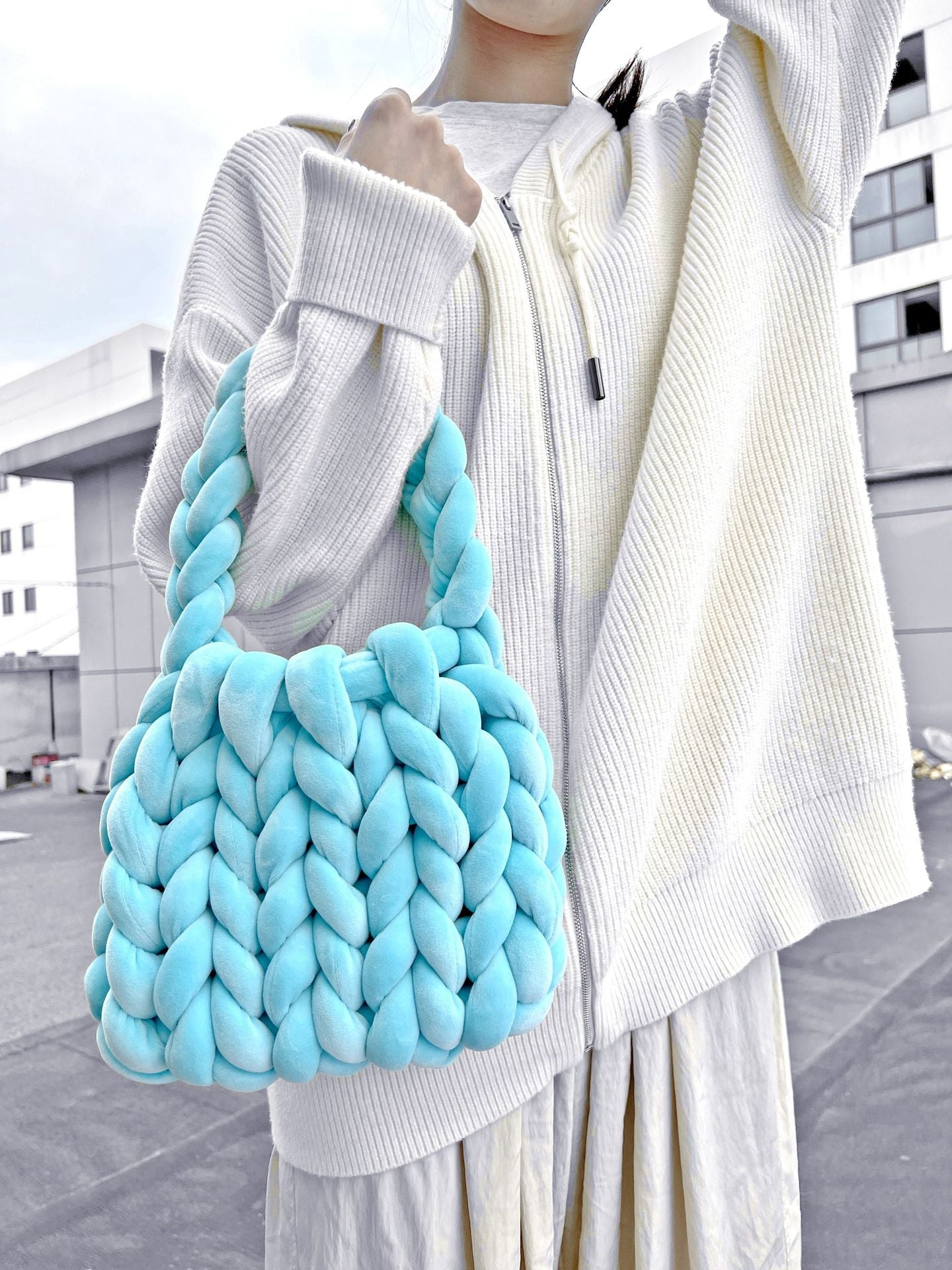 Handmade Chunky Knit Velvet Handbag Bag