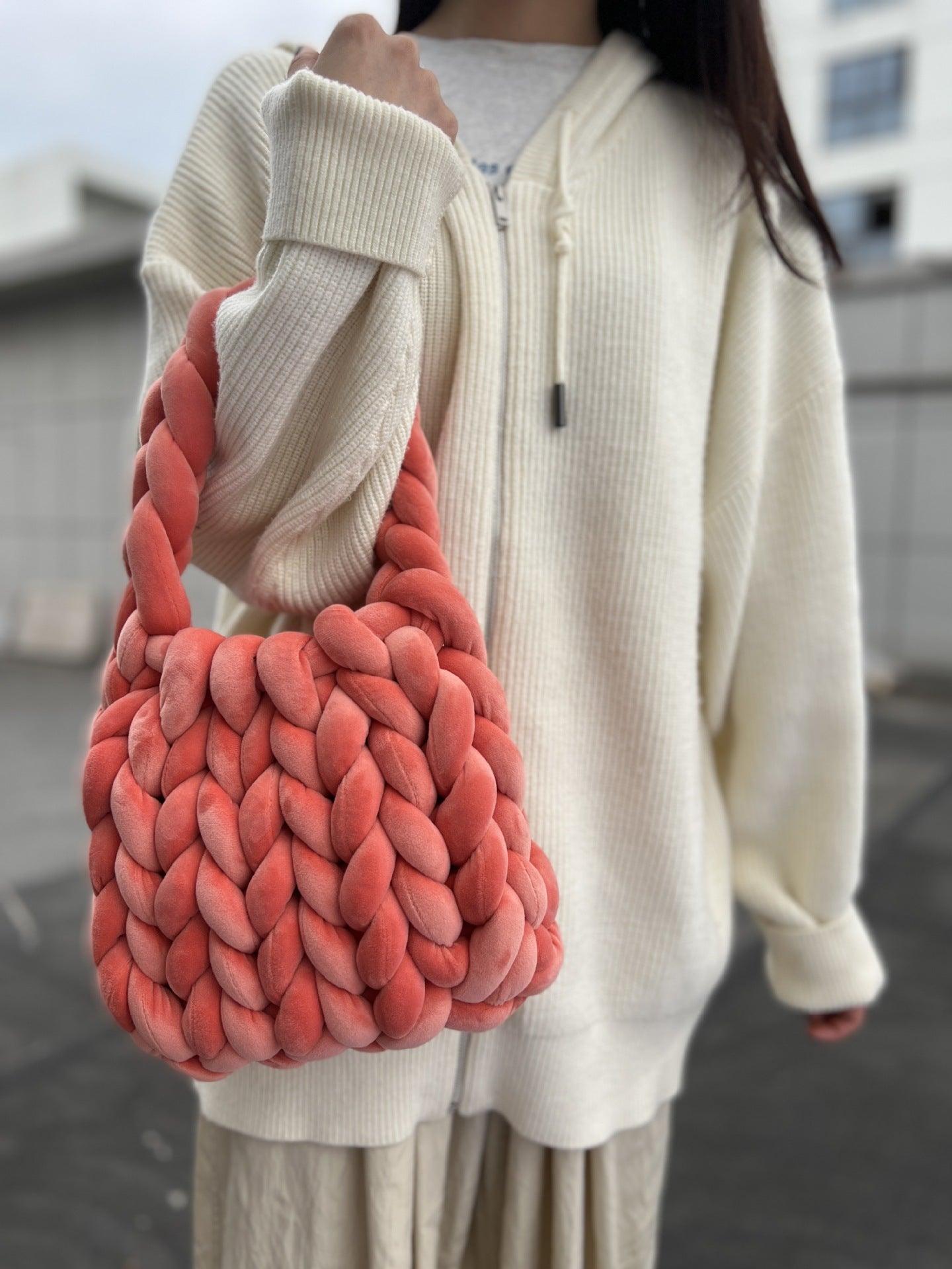 Handmade Chunky Knit Velvet Handbag Bag