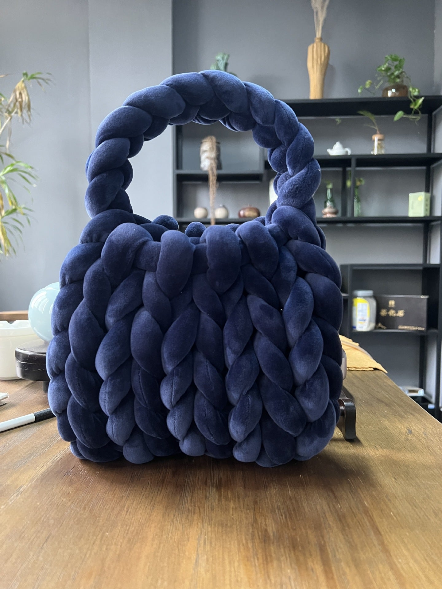 Handmade Chunky Knit Velvet Handbag Bag