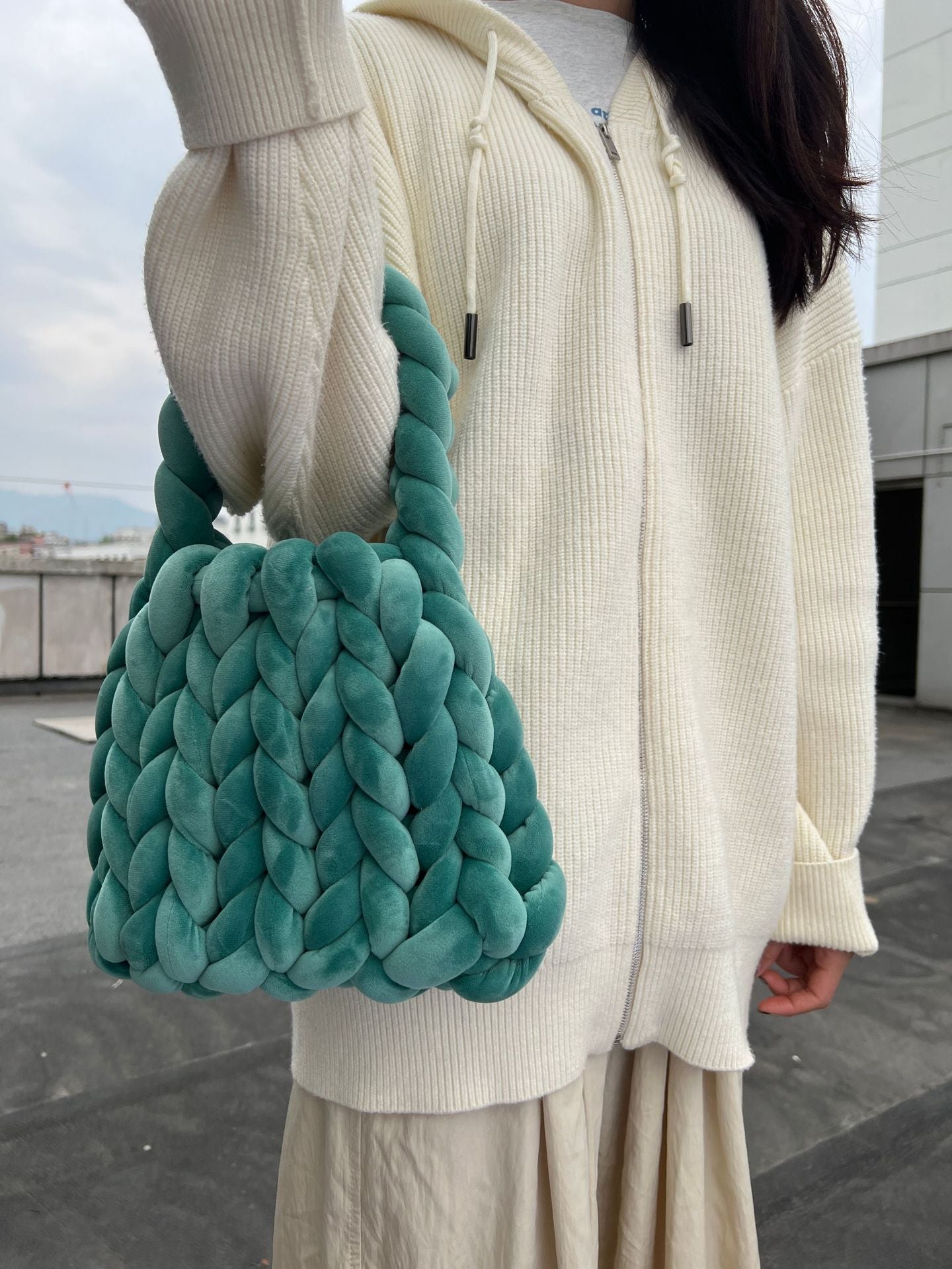 Handmade Chunky Knit Velvet Handbag Bag