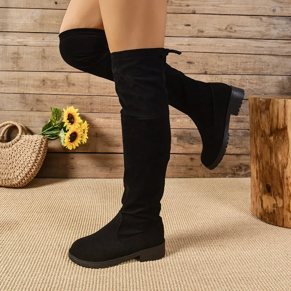Over-the-Knee Suede Low-Heel Boots