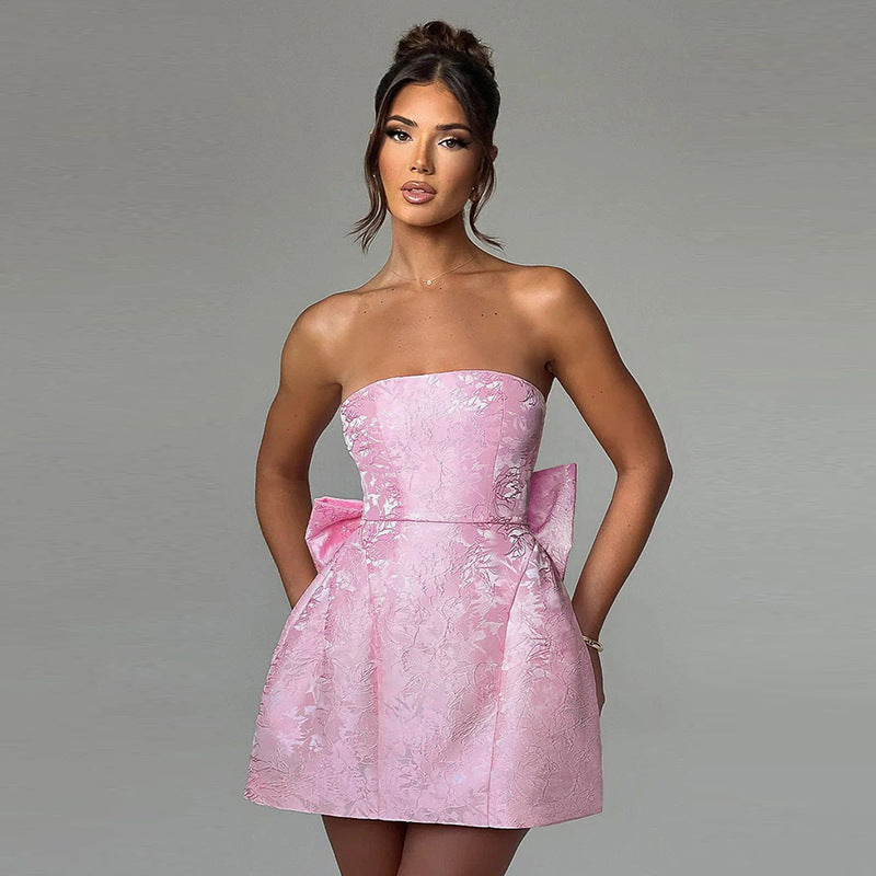 Jacquard Mini Dress with Bow - Strapless