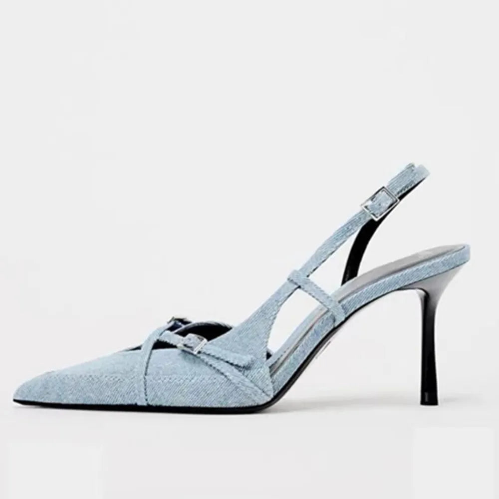 Denim Slingback Pointed-Toe Heel