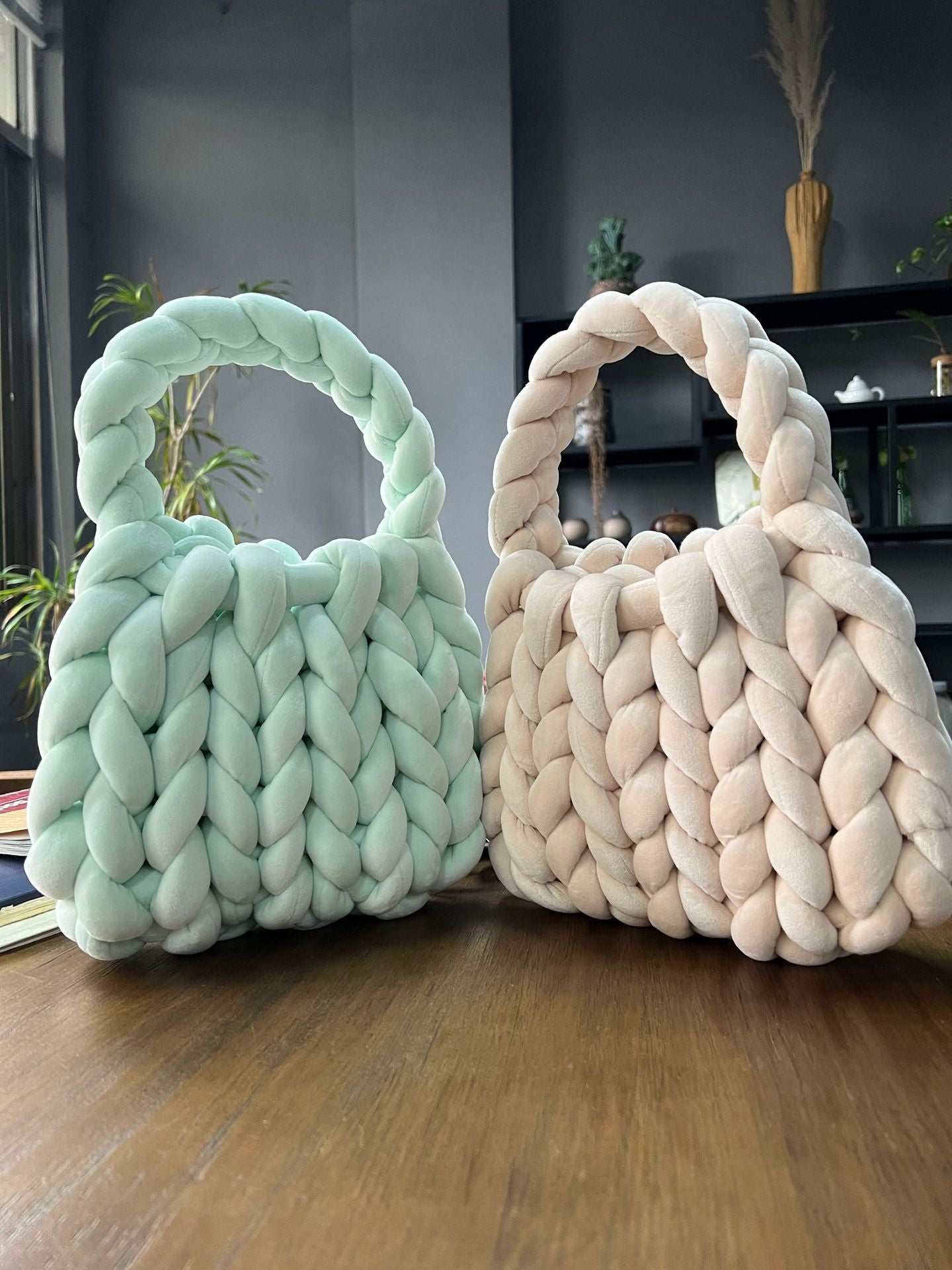 Handmade Chunky Knit Velvet Handbag Bag