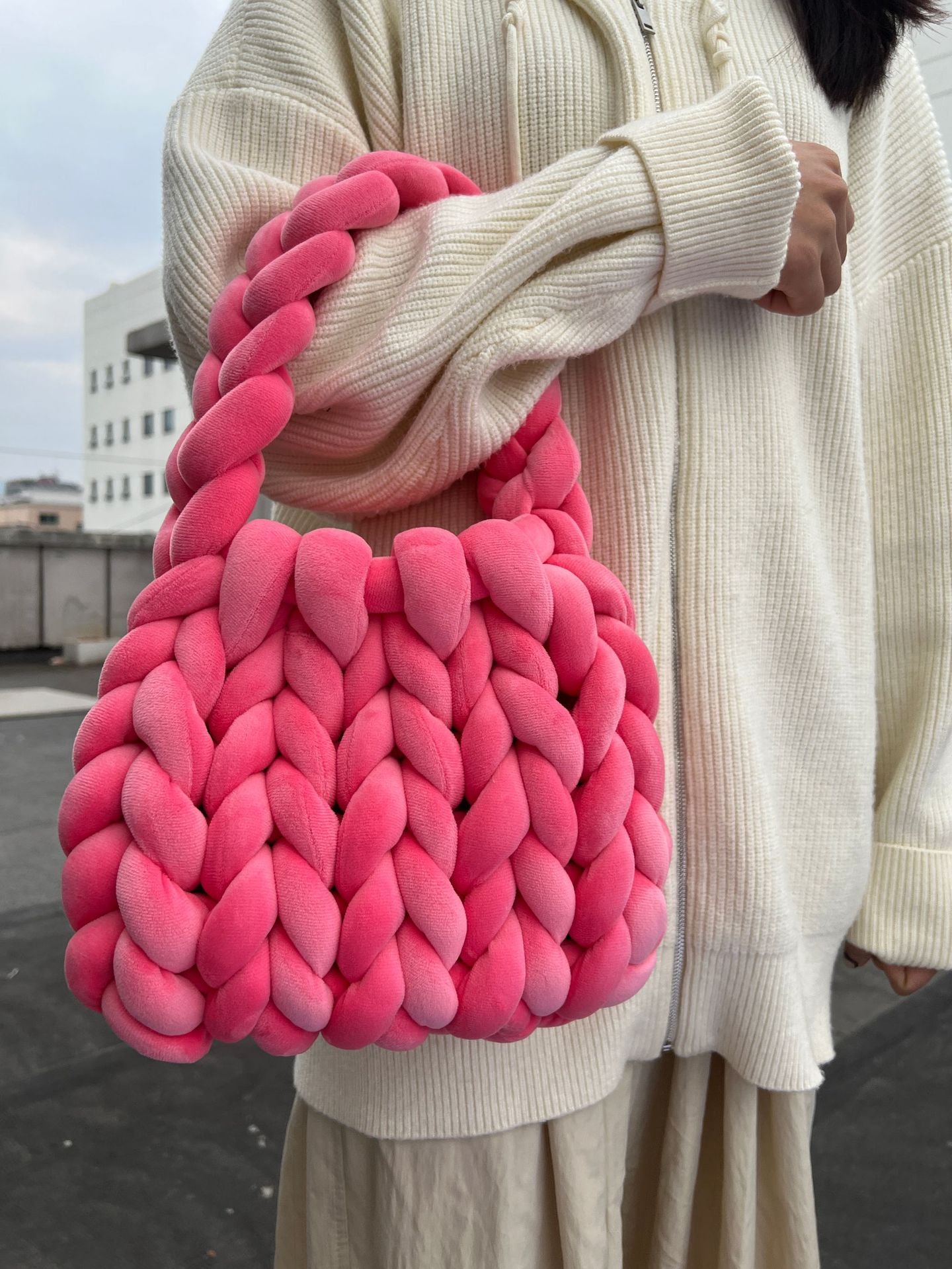 Handmade Chunky Knit Velvet Handbag Bag