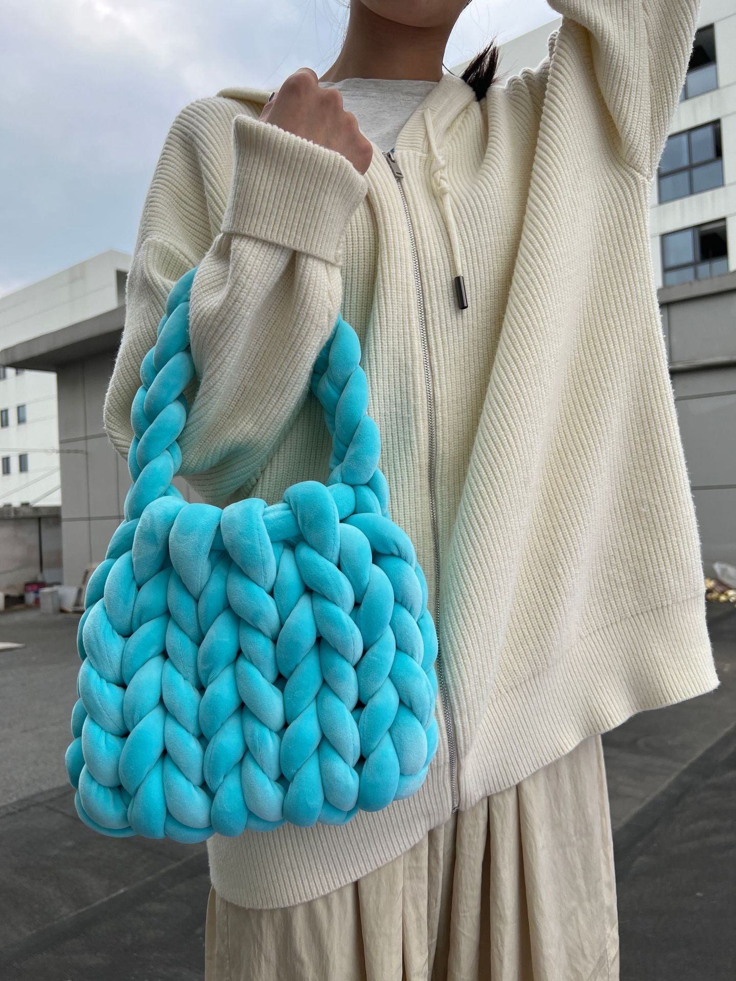 Handmade Chunky Knit Velvet Handbag Bag