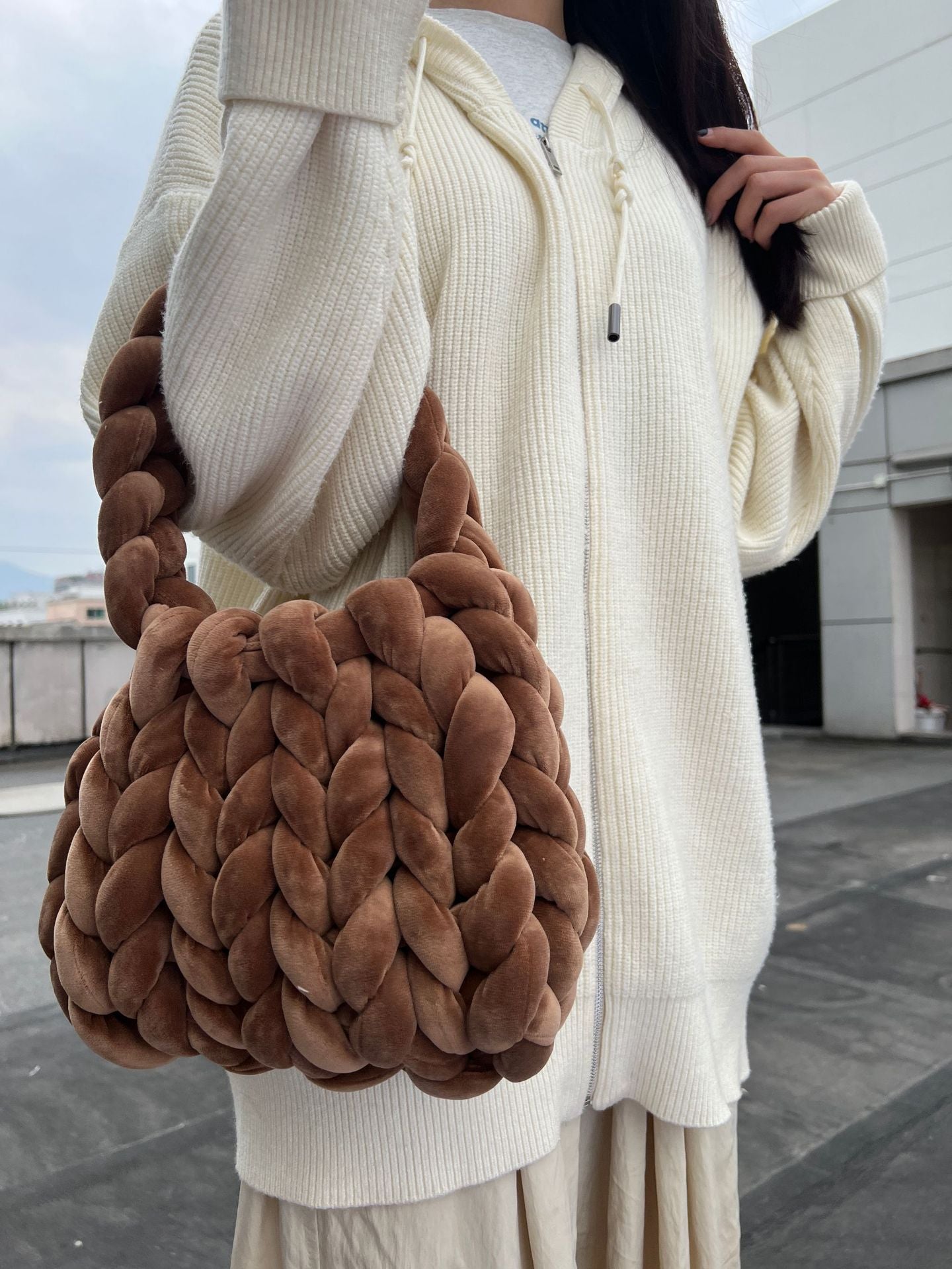 Handmade Chunky Knit Velvet Handbag Bag