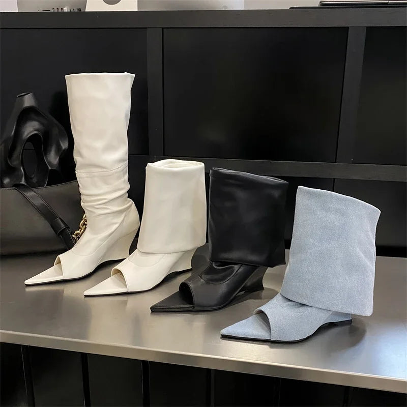 Knee-High Peep-Toe Wedge Boots