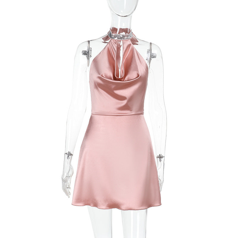 Backless Satin Sparkle Mini Dress - Halter Neck