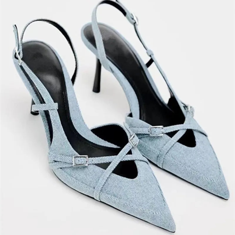 Denim Slingback Pointed-Toe Heel